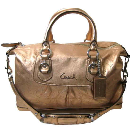 COACH ASHLEY PERFORATED METALLIC CHAMPAGNE LEATHER SATCHEL PURSE EUC - Picture 10 of 10